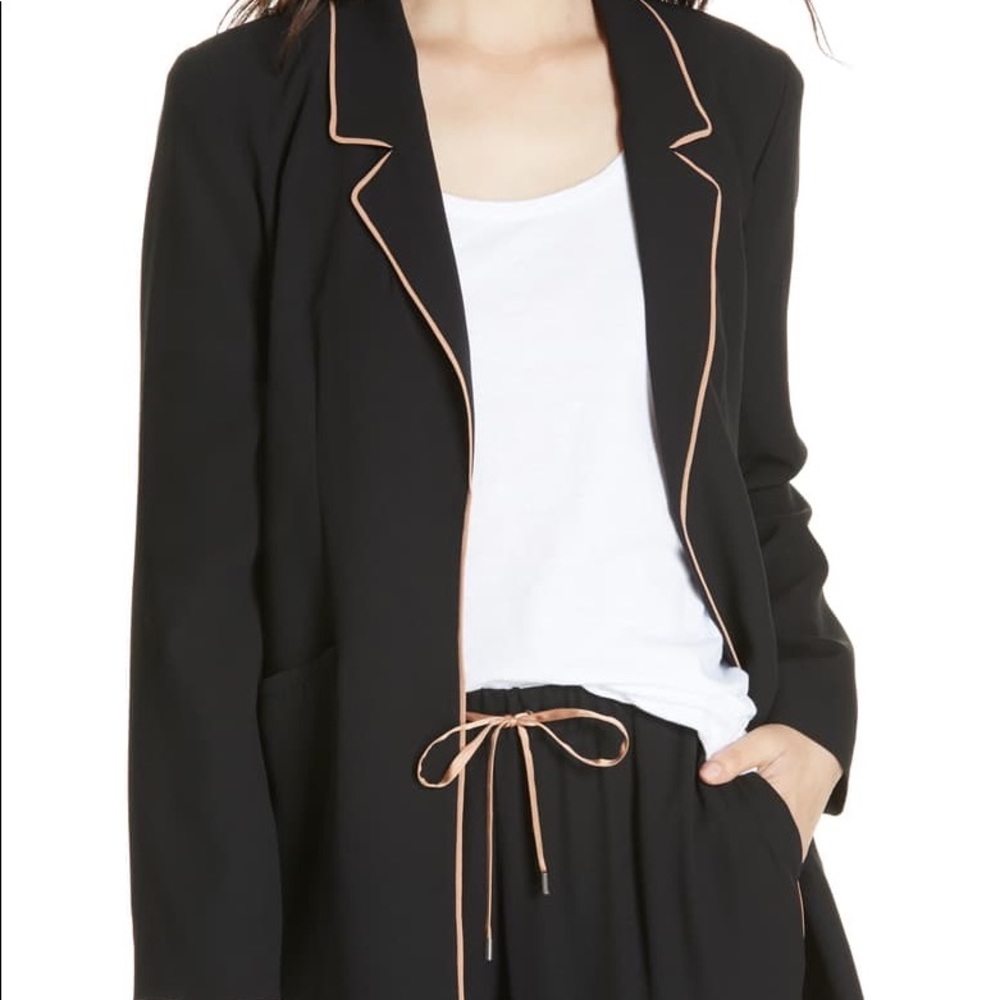 Eileen Fisher Long Piped Trim Blk Silk Blazer - XL